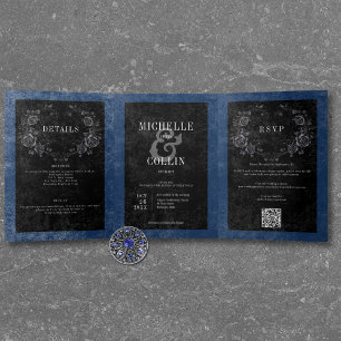 Invitación Tríptica Boda Azul Cuervo Negro Gótico y Rosas Negras