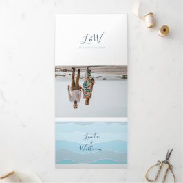 Invitación Tríptica Boda azul de foto de playa