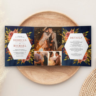 Invitación Tríptica Boda azul de la armada de fotos florales de Naranj