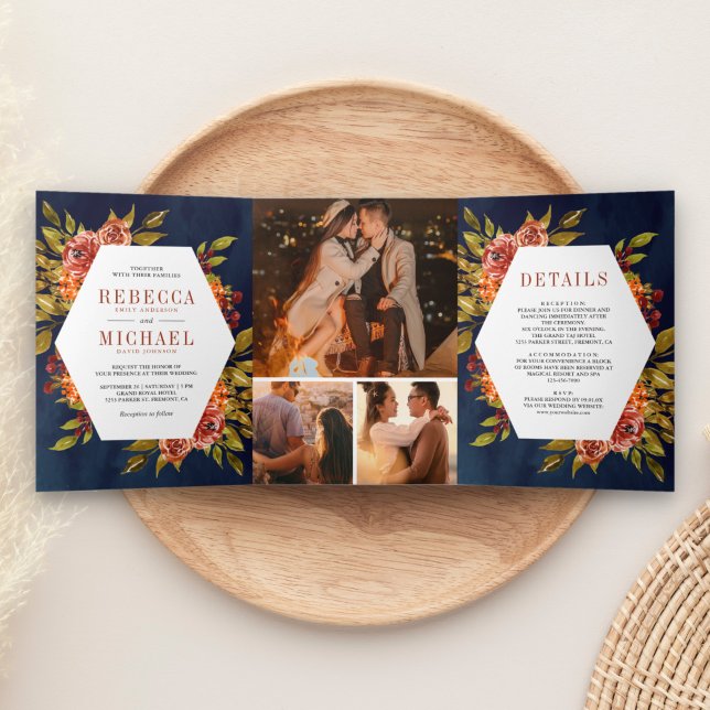 Invitación Tríptica Boda azul de la armada de fotos florales de Naranj (Subido por el creador)