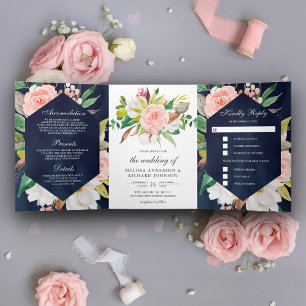 Invitación Tríptica Boda azul de la Marina Floral Rosa Blanca Magnolia