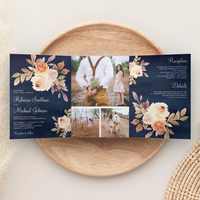 Invitación Tríptica Boda azul de la Marina Floral Rustic Earthy Dusty (Subido por el creador)