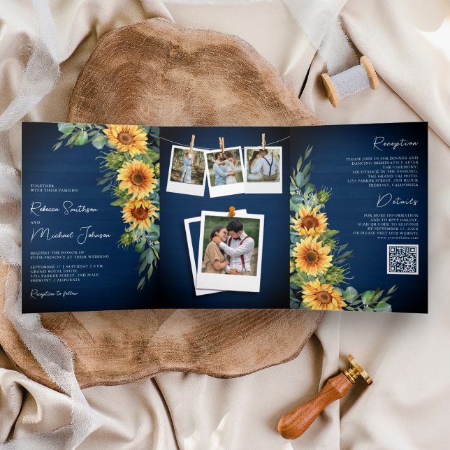 Invitación Tríptica Boda azul marino código QR eucalipto girasoles (Subido por el creador)