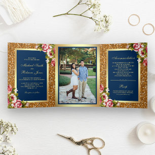 Invitación Tríptica Boda Azul Marino Floral Brillo Purpurina Oro Falso