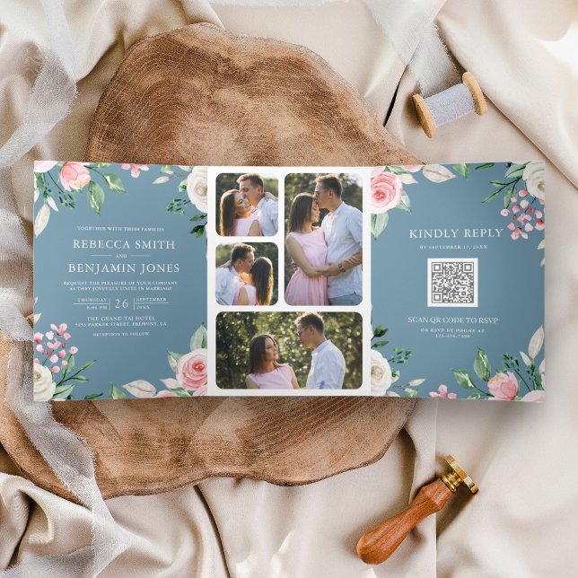 Invitación Tríptica Boda azul turbio del código QR floral rosa de Rubo (Subido por el creador)