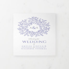 Invitación Tríptica Boda azul y blanco monograma