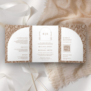 Invitación Tríptica Boda Beige de la línea mínima de la hoja de arte A