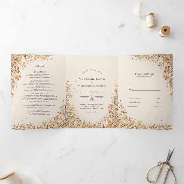 Invitación Tríptica Boda beige de otoño rústico vintage (Interior)