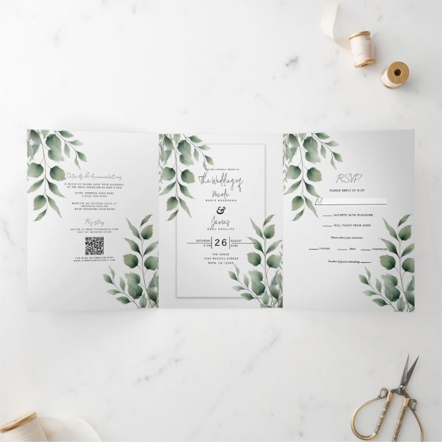 Invitación Tríptica Boda Blanca Moderna con Hojas de Vegetación Mínima (Interior)
