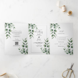 Invitación Tríptica Boda Blanca Moderna con Vegetación Mínima