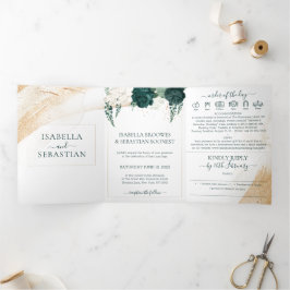 Invitación Tríptica Boda Blanca Todo en un conjunto Rosas Verde Esmera