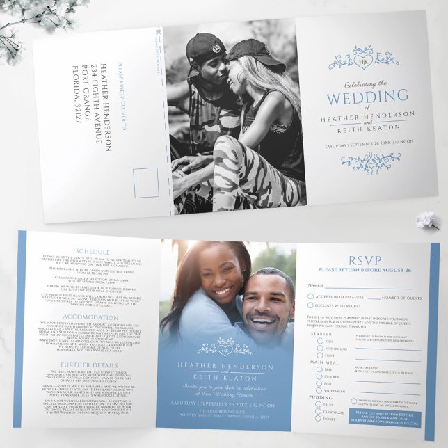 Invitación Tríptica Boda blanco azul claro de la hoja de monograma (Subido por el creador)