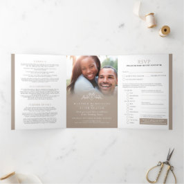 Invitación Tríptica Boda blanco bronceado de la hoja de monograma