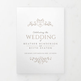 Invitación Tríptica Boda blanco bronceado de la hoja de monograma