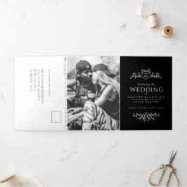 Invitación Tríptica Boda blanco negro de arte cardíaco de hoja monográ