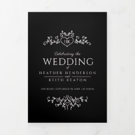 Invitación Tríptica Boda blanco negro de arte cardíaco de hoja monográ