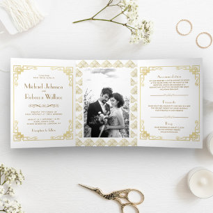 Invitación Tríptica Boda blanco y dorado de estilo Art Decó