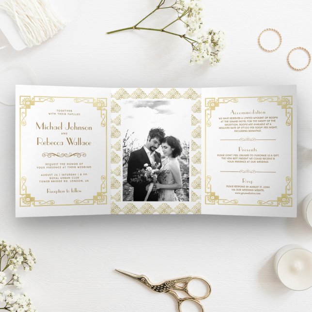 Invitación Tríptica Boda blanco y dorado de estilo Art Decó (Subido por el creador)