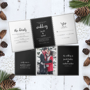 Invitación Tríptica Boda blanco y negro con guión minimalista