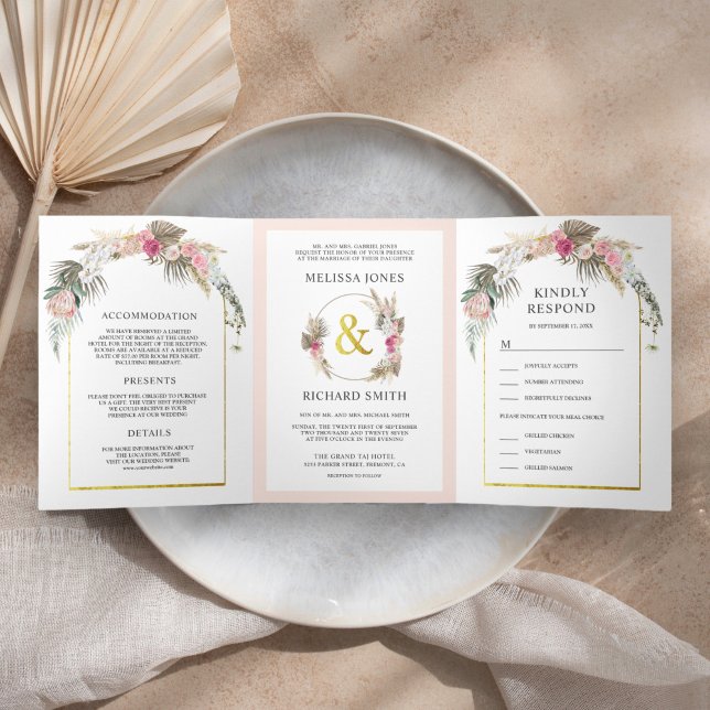 Invitación Tríptica Boda Boho Floral Rosa Pastel de Pampas Arco Rústic (Subido por el creador)