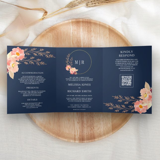Invitación Tríptica Boda Boho Melocotón Orquídea Floral Código QR Azul (Subido por el creador)