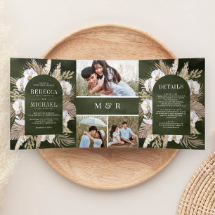 Invitación Tríptica Boda Boho Pampas Orquídea Blanca Palma Salvia Seca