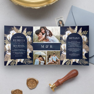 Invitación Tríptica Boda Boho Pampas Orquídea Blanca Palma Seca Navy