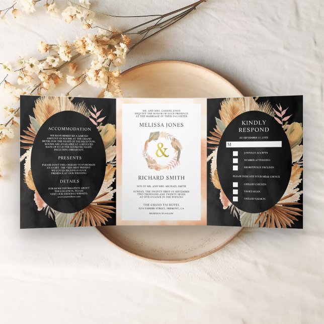 Invitación Tríptica Boda Boho Pampas Palma Seca Negra Todo en Uno (Subido por el creador)