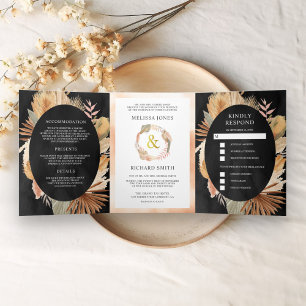 Invitación Tríptica Boda Boho Pampas Palma Seca Negra Todo en Uno