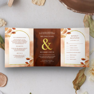 Invitación Tríptica Boda Boho Terracota Terrosa Hojas Arco 3 en 1