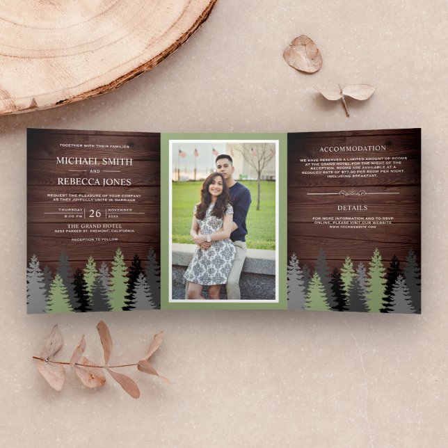 Invitación Tríptica Boda Bosque Foto Árboles De Pino Madera De Granero (Subido por el creador)