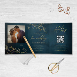 Invitación Tríptica Boda Botánica Elegante Navy Blue y Gold