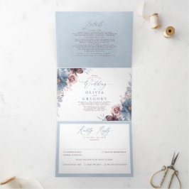Invitación Tríptica Boda botánico de Mauve y Dusty Blue Floral