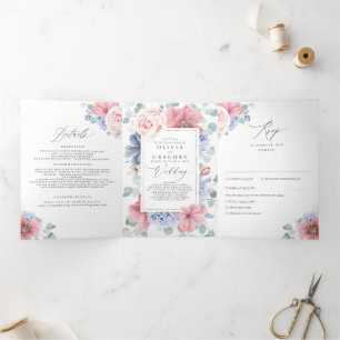 Invitación Tríptica Boda Botánico Floral Azul y Rosa Dusty