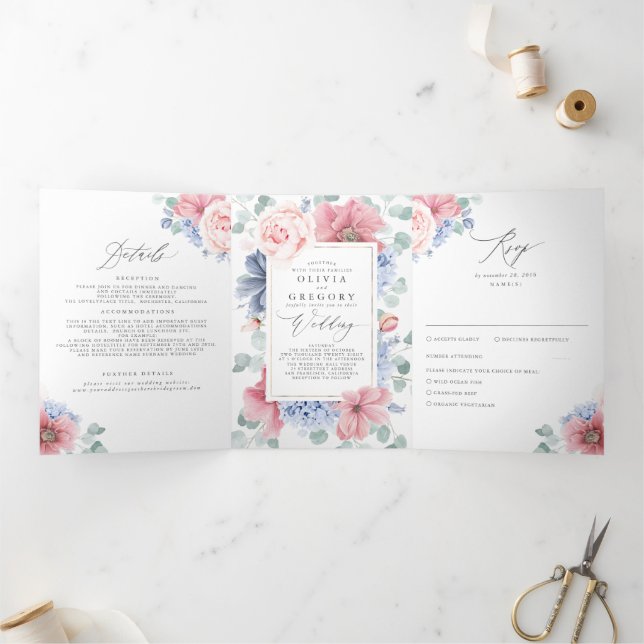 Invitación Tríptica Boda Botánico Floral Azul y Rosa Dusty (Interior)