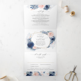 Invitación Tríptica Boda Botánico Floral Azul y Rosa Dusty