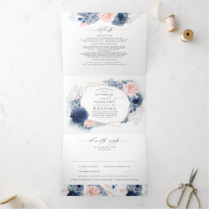 Invitación Tríptica Boda Botánico Floral Azul y Rosa Dusty