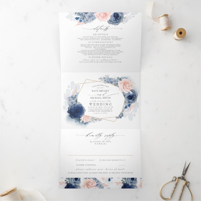Invitación Tríptica Boda Botánico Floral Azul y Rosa Dusty (Interior)