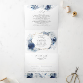 Invitación Tríptica Boda Botánico Floral Dusty Blue and Navy