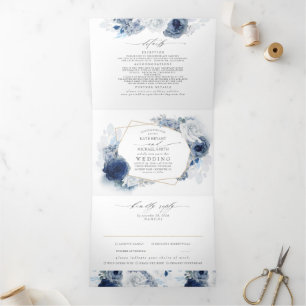 Invitación Tríptica Boda Botánico Floral Dusty Blue and Navy