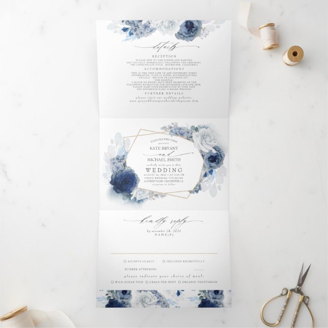 Invitación Tríptica Boda Botánico Floral Dusty Blue and Navy (Interior)