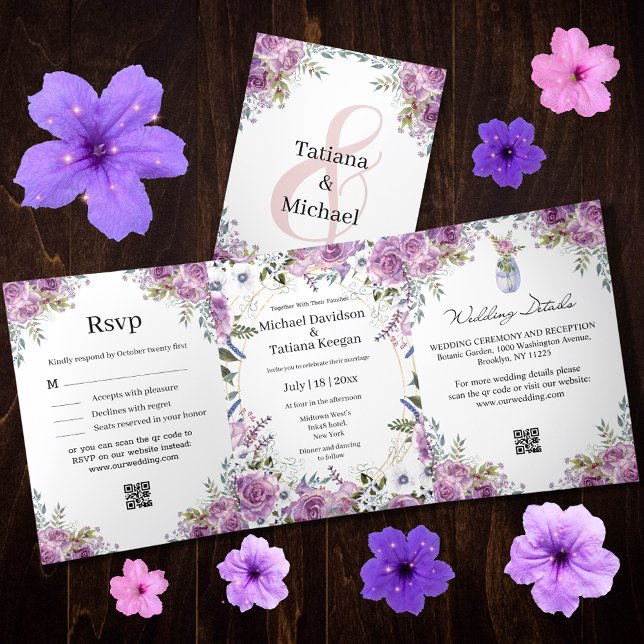 Invitación Tríptica boda botánico morado de acuarela moderna y elegant (Subido por el creador)