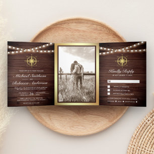 Invitación Tríptica Boda Brújula Náutica Madera Rústica Dorada