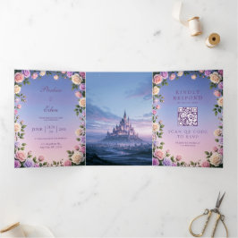 Invitación Tríptica Boda Castillo Crepúsculo Wisteria Rosa Lavanda
