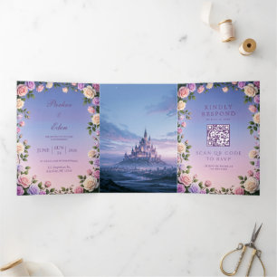 Invitación Tríptica Boda Castillo Crepúsculo Wisteria Rosa Lavanda