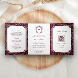 Invitación Tríptica Boda católica con código QR Burgundy victoriano