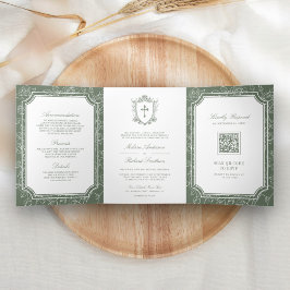 Invitación Tríptica Boda católica con código QR en verde salvia victor