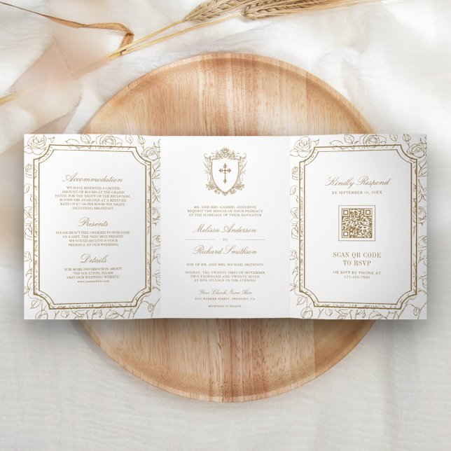 Invitación Tríptica Boda católica victoriana con código QR blanco y do (Subido por el creador)