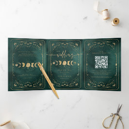 Invitación Tríptica Boda celeste de Emerald Green y Gold Tarot