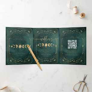 Invitación Tríptica Boda celeste de Emerald Green y Gold Tarot